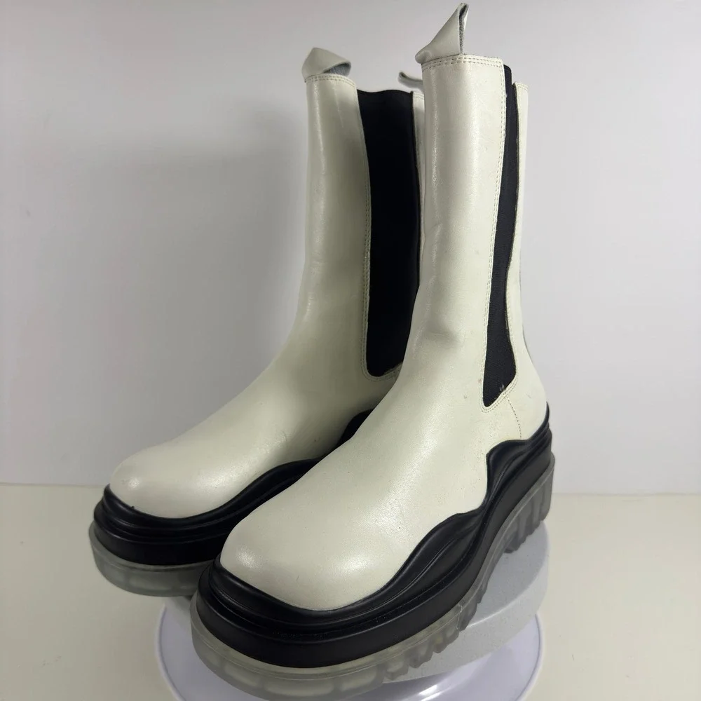 White Leather Platform Chelsea Boots Chunky Lug Sole Mid‎ Calf Womens Size 7